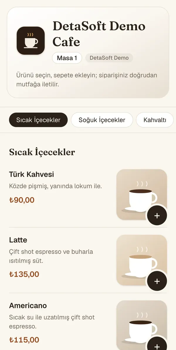 Müşterinin telefonunda açılan QR menü