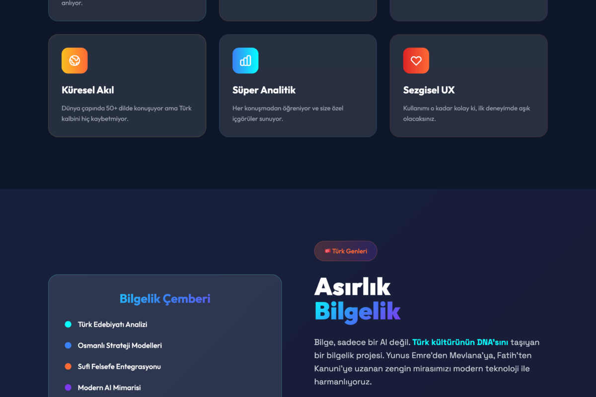 Bilge AI yapay zeka web sitesi ve backend entegrasyonu